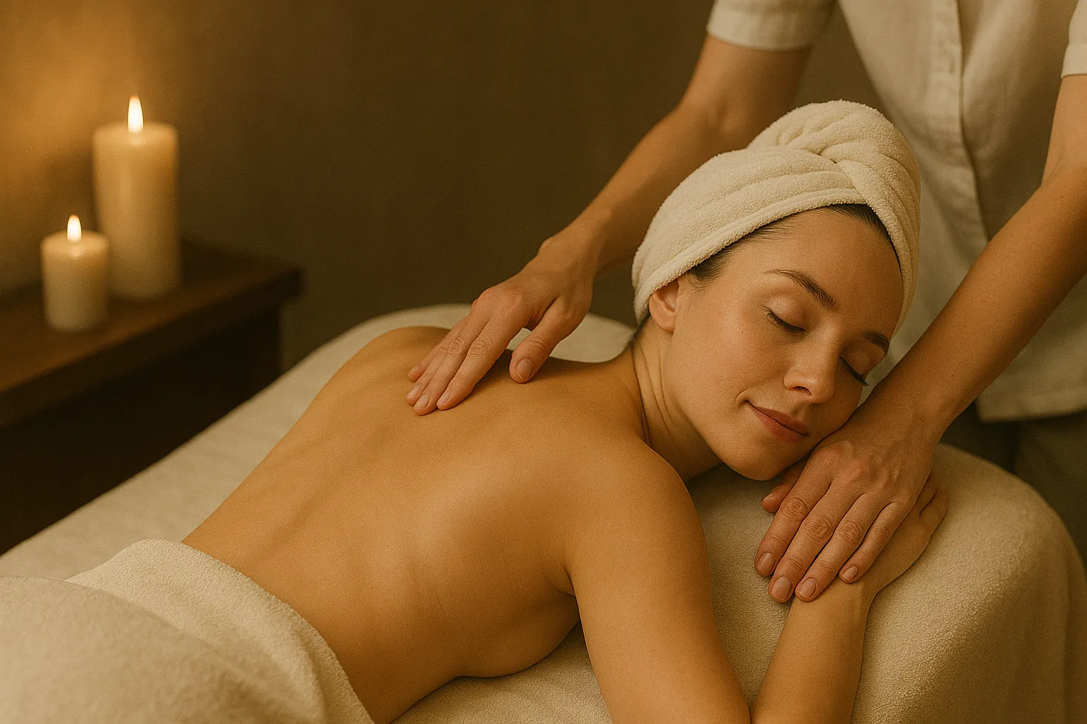 A massage treatment in progress in a softly lit spa room