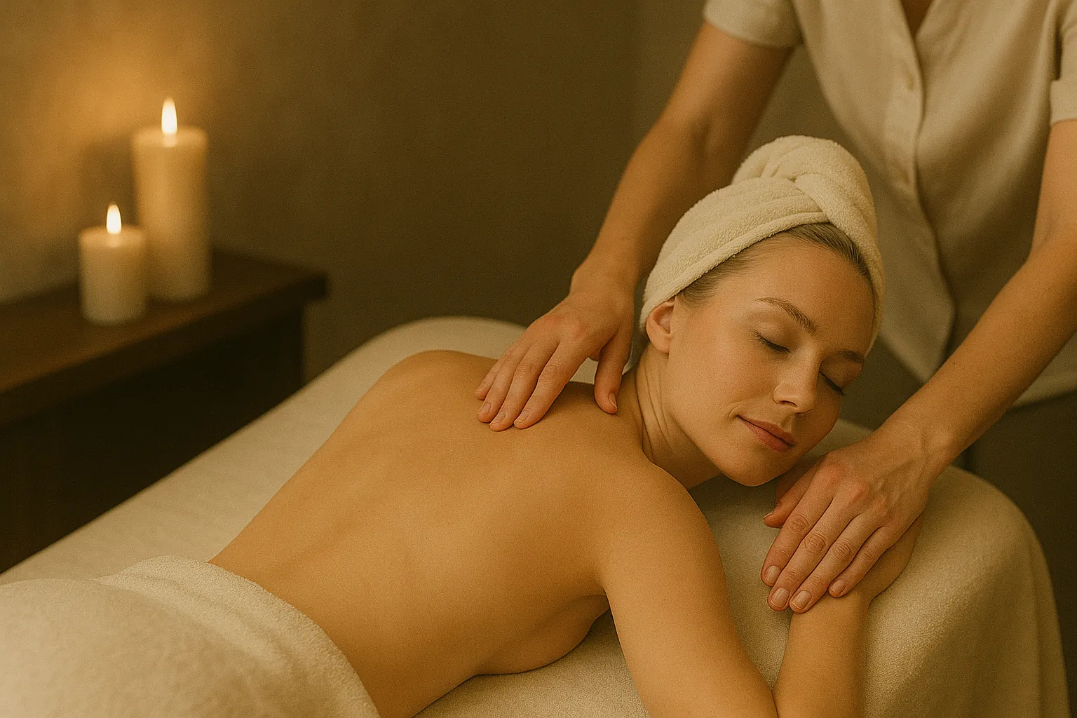 A spa treatment room in warm light