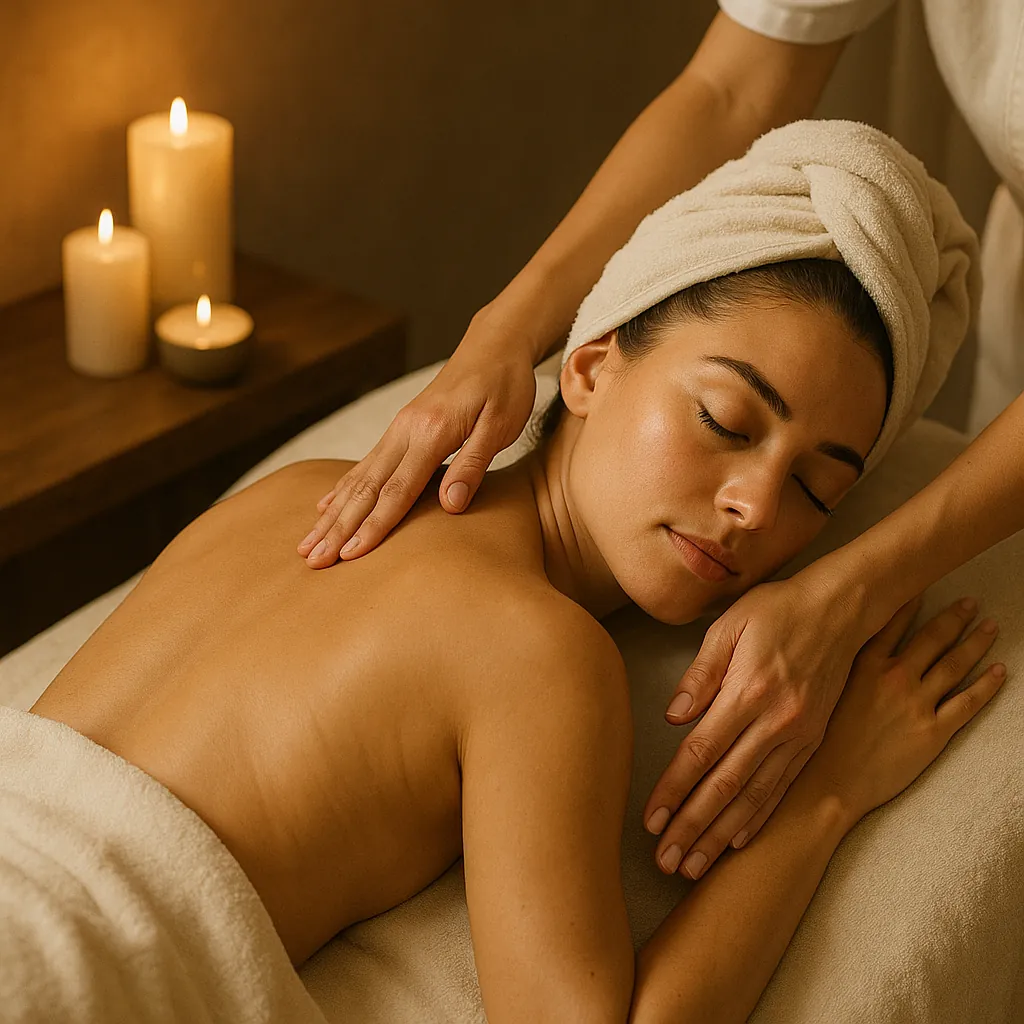A spa therapist giving a back massage by candlelight