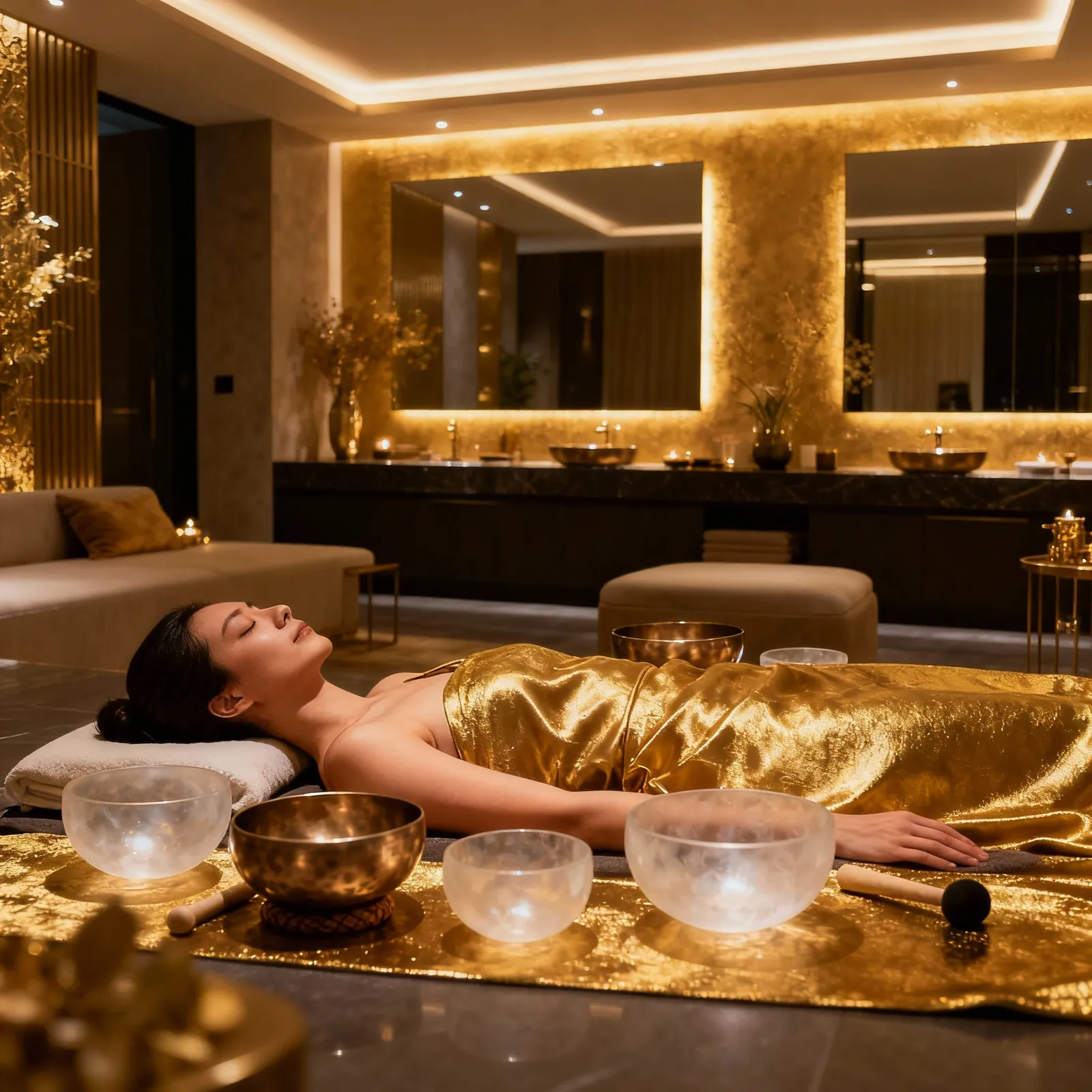 A guest resting in a warmly lit spa lounge set for a sound bath